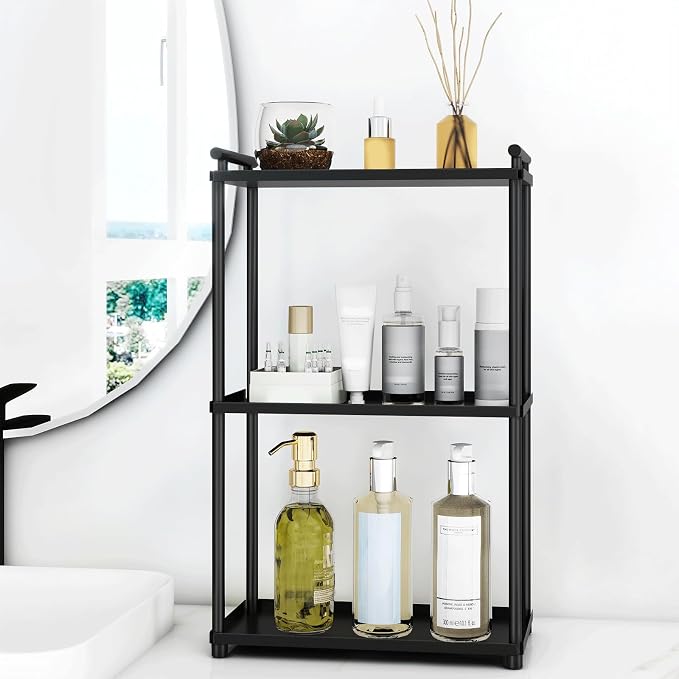 VOTZAAQ 3 Tier Bathroom Organizer Countertop, Stainless Steel Perfume Tray and Vanity Countertop Shelf, Makeup Skin Care Bathroom Organizers and Storage for Dresser, Kitchen (Matte Black)