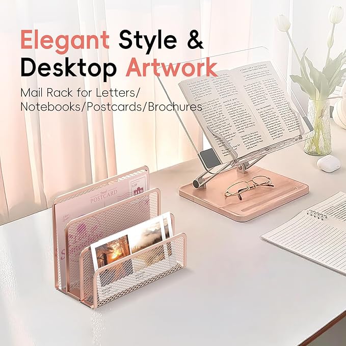 Mail Organizer Countertop for Desk, Mail File Holder with 3-Slot, Rose Gold | Metal Mesh Mail Sorter for Letters, Envelopes, Bills, and Files for Home Offices, Classroom Organization