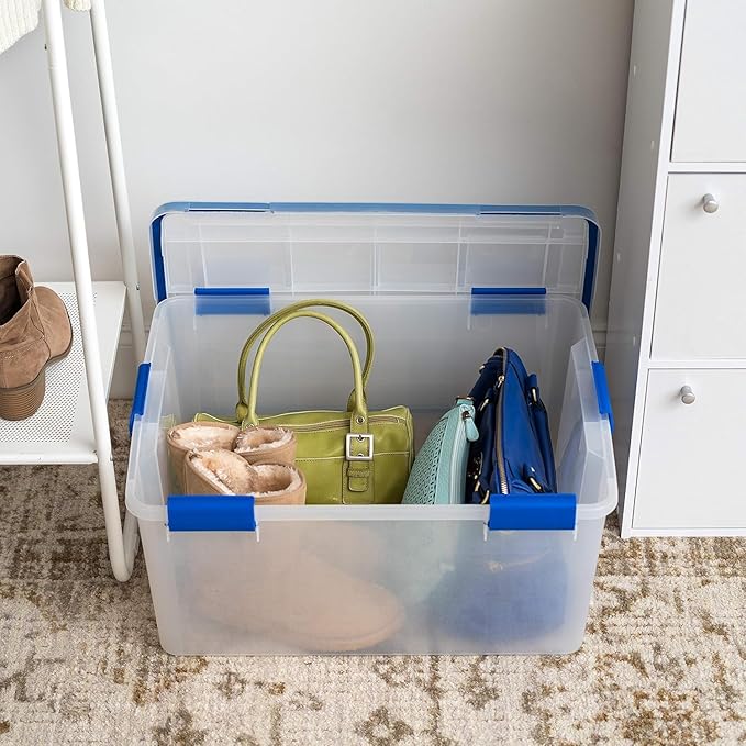 IRIS USA 3-Pack 60 Qt Storage Bins with Gasket Lids, Clear/Blue | WeatherPro seal helps protect bulky items for moving, garage, attic and basement storage