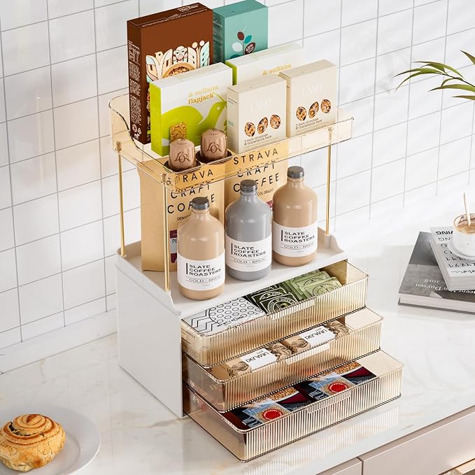 Delamu 5-Tier Makeup Organizer, Bathroom Counter Storage, 2 Drawers, Amber | Elegant Vanity Organizer Gift for Women, Holds Perfume, Skincare, Nail Polish & Hair Accessories for Bathroom Countertop