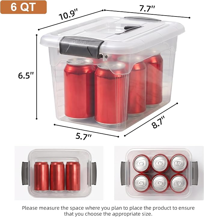 Citylife 4 Packs 6 QT Storage Bins with Lids Clear Plastic Bins with Grey Handle Stackable Storage Containers for Organizing