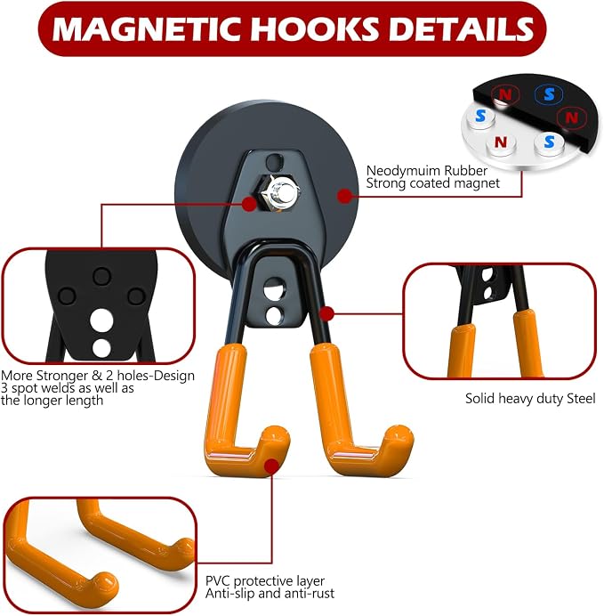 3-H Heavy Duty Magnetic Hooks, Large Magnet Hooks,4 Pack Orange | No-Drill Tool Holder for Garage,Power Drill,Garden Tools,Hose Storage