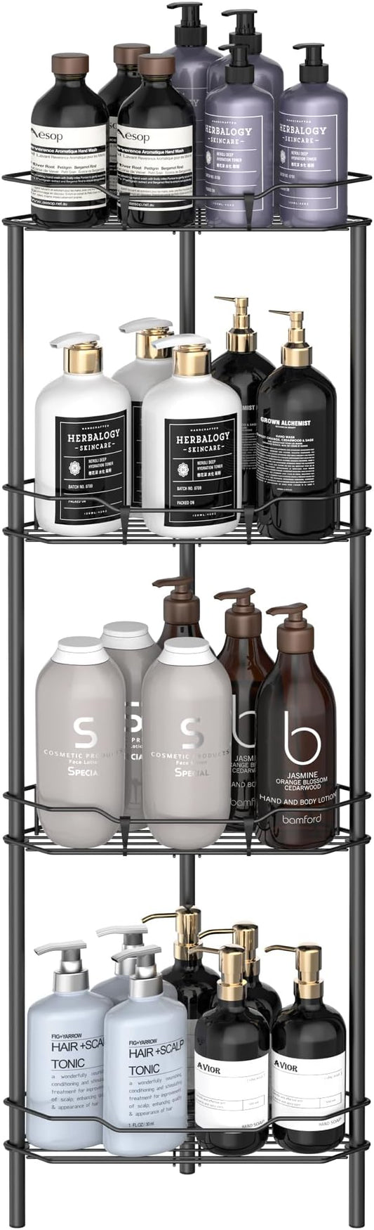 HuggieGems 4 Tier Floor Standing Corner Shower Caddy Organizer Shelf with Hooks, Bathroom Shelves Stand Rack, Matt Black