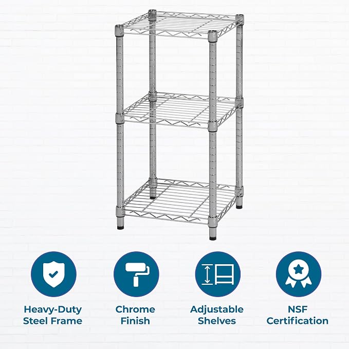 Honey-Can-Do 3-Tier Stackable Chrome Wire Shelf, 200 lb/Shelf, 15x14x30 in | 600 lb total in a compact footprint; stacks & connects into a custom wall; fits counters & closets; no-tool build