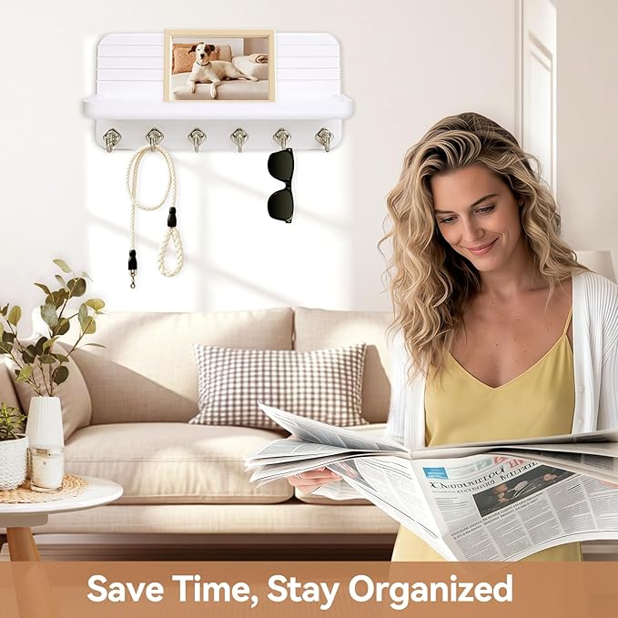 Key Holder for Wall, Mail Organizer Wall Mount with 6 Hooks Wooden Hanging Key Rack for Home Decor, Hallway, Entryway (White)