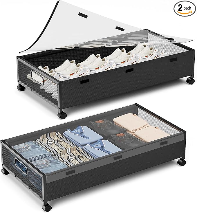 KITHELP Under Bed Storage Containers with Wheels, 2 Pack Underbed Shoe Storage Organizer with Removable Lids, Large Rolling Under Bed Storage Dresser Drawers for Clothes Toys Shoes Blankets