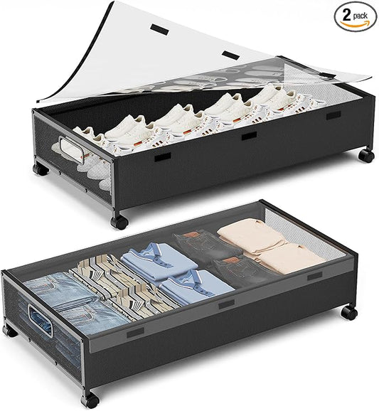 KITHELP Under Bed Storage Containers with Wheels, 2 Pack Underbed Shoe Storage Organizer with Removable Lids, Large Rolling Under Bed Storage Dresser Drawers for Clothes Toys Shoes Blankets
