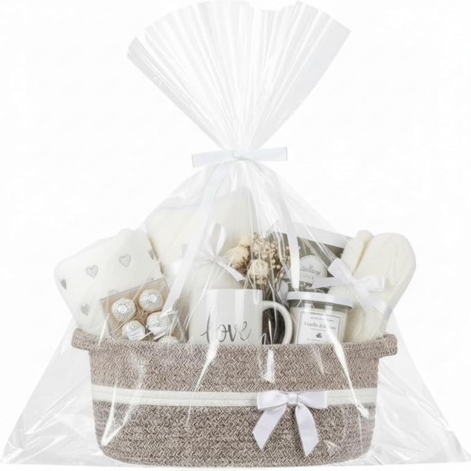 Colingmill 1 Set Woven Empty Basket for Gift,Khaki | with Cellophane Wrap Set, 14 x 10 x 5.5 Inch, Medium Decorative Gift Basket, Cotton Rope Storage Box, Home Decor