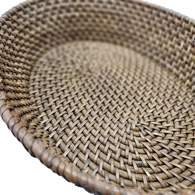 14 Inch Oval Rattan Basket, Handmade Wicker Serving Basket Tray with 3.5 Inch Raised Sides, Large Rattan Fruit Bowl, Coffee Table Décor for Bread, Snack, Makeup, Valet, Odds and Ends, L, Brown