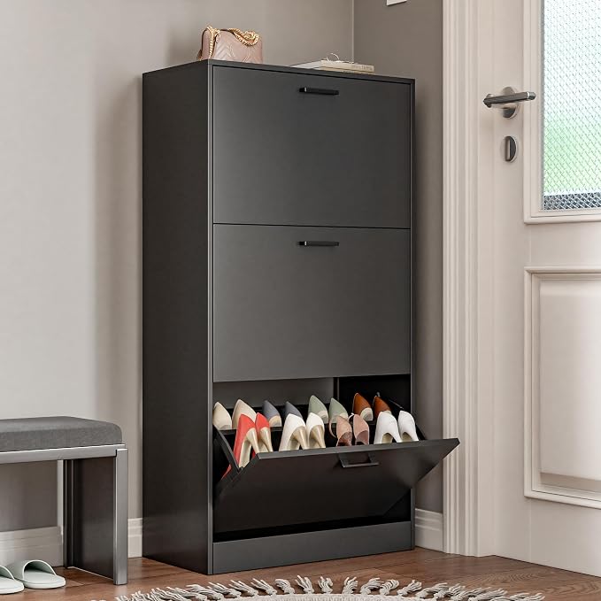 Shoe Cabinet with 3 Flip Drawers, Narrow Freestanding Shoe Organizer, Hidden Slim Shoe Storage Cabinet for Entryway, Hallway, Living Room, Black