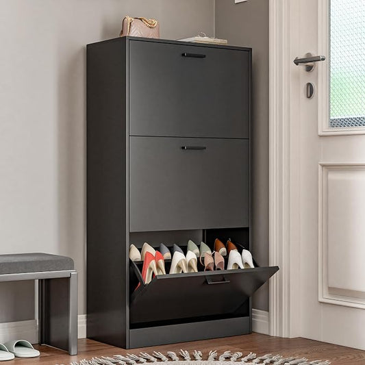 Shoe Cabinet with 3 Flip Drawers, Narrow Freestanding Shoe Organizer, Hidden Slim Shoe Storage Cabinet for Entryway, Hallway, Living Room, Black