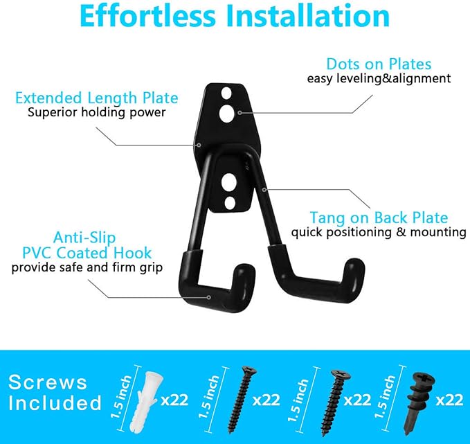 SMARTOLOGY Garage Hooks, 12 Pack Wall Storage Hook Includes 2 Extension Cord Holder, Utility Organization, Heavy Duty Wall Mount Hangers for Hanging Bike, Ladder, Garden Tools