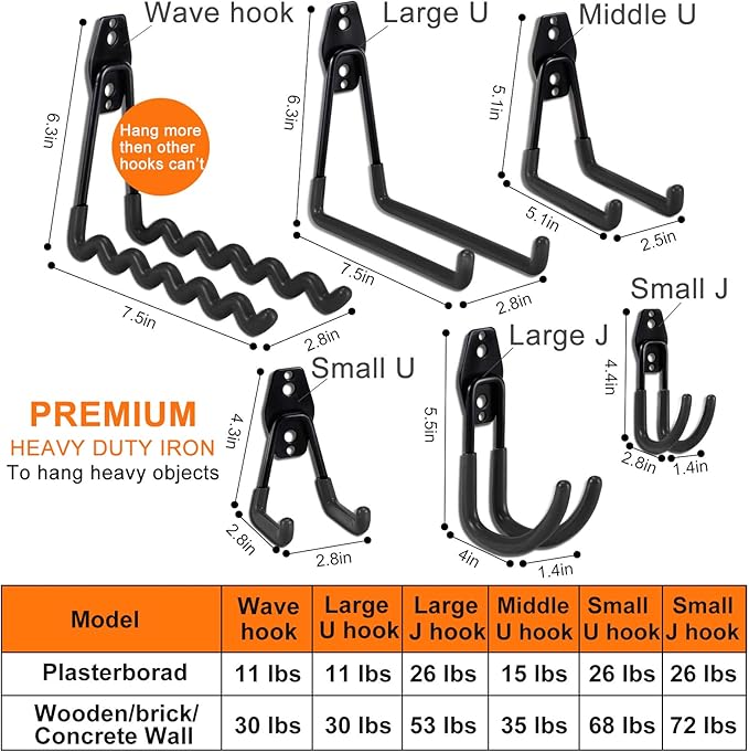 AOBEN 24PCS Garage Hooks, Heavy Duty Double Garage Hanger Organizer Wall Mount Iron Anti-Slip Garage Storage Hooks for Ladder, Power Tool,Bike,Ropes（23 Hooks & 1 hoder Strap-Black