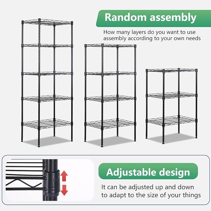 FDW 17L x 12W x 48H Wire Shelving 5 Tier Adjustable Metal Shelves NSF Pantry Shelves Storage Rack Shelving Units for Kitchen Garage Small Places Commercial,Black