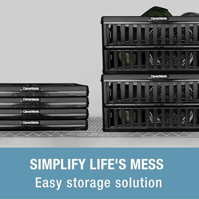 CleverMade Collapsible Utility Crates, 60L, 3 Pack, Obsidian | Each crate carries 66 lb with reinforced base bracing. Stack up to 3 high, then fold to 2.75 inches for shelf storage.