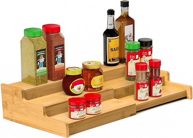Spice Rack 3-Tier Natural Bamboo, Adjustable Cabinet Organizer Shelf | Expands 8.7-15.6"cabinets. Stepped design, labels visible.Storage organizer saves space, easy wipe. For spices, jars,cans.