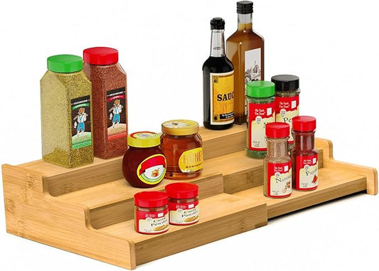 Spice Rack 3-Tier Natural Bamboo, Adjustable Cabinet Organizer Shelf | Expands 8.7-15.6"cabinets. Stepped design, labels visible.Storage organizer saves space, easy wipe. For spices, jars,cans.