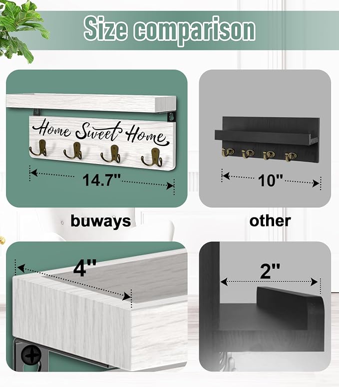 buways Key Holder Wall Mount with 8 Rustic Hooks and Cozy Home Sign(White) | Solid Wood,lots of colors, Floating Shelf for Keys, Mail, and Daily Essentials in Entryways, Hallways or Home Decor