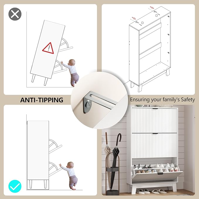 Shoe Cabinet Storage for Entryway with 3 Flip Drawers, Fluted Narrow Shoe Organizer with Wooden Legs, Freestanding Slim Shoe Storage Hidden Shoe Rack Organizer for Front Door Entrance, Hallway, White