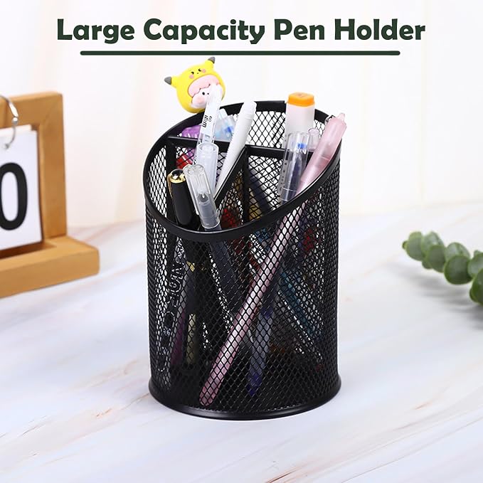 MINDEPOT 2 Pack Pencil Holder Pen Cup for Desk Round Pen Organizer | Mesh Black Pen Holder, Duty Metal, 3 Compartments, Desk Organizer for Home School