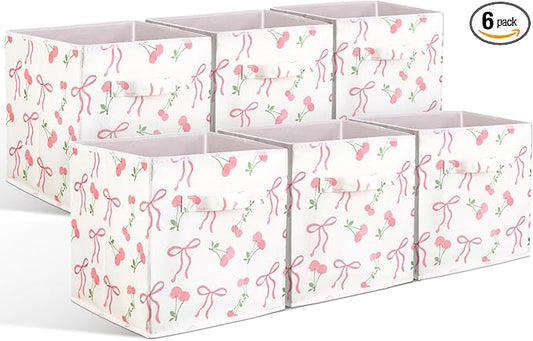 6 Pcs Pink Bow Cherry Cube Storage Bins 11 Inch Storage Basket with Handle, Preppy Girls Organizer Basket, Collapsible Fabric Box for Classroom Bedrooms Office Home Decoration Gift