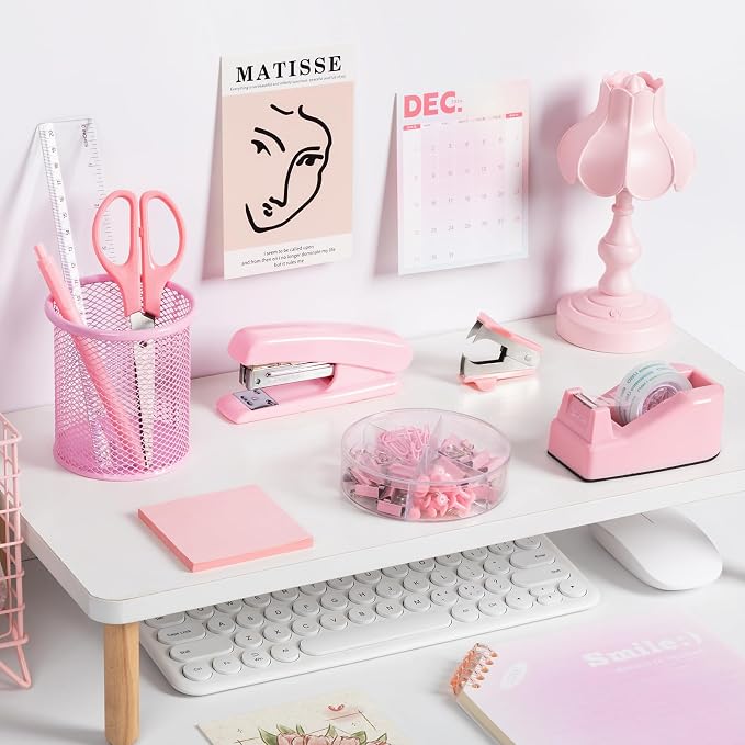Pink Office Desk Accessories and Organizers, Office Supplies for Desk for Women, Stapler, 1000 Staples, Staple Remover, Phone Holder, Tape Dispenser, Pen Holder, Sticky Note, Clips, Ruler, Etc