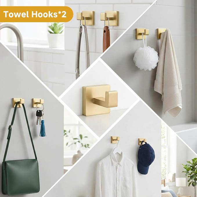 5-Piece Brushed Gold Bathroom Accessory Set, 16 Inch Bathroom Hardware Set, Towel Racks for Bathroom, SUS304 Stainless Steel Wall Mounted Bath Towel Bar Set