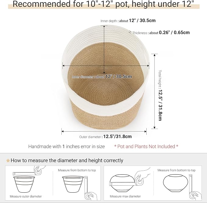 Dahey Plant Basket Indoor for 12 inch Pot Woven Jute Planter, White & Beige | Fits 10"-12" Planters, Reinforced Structure, Foldable Laundry Bin with Handles, Jute Cotton Rope, Decorative Flower Pot Cover