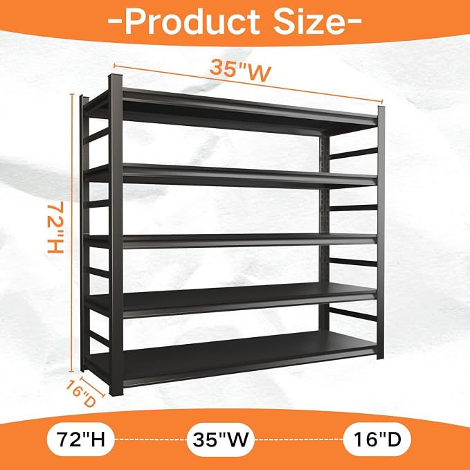 Garage Shelving, Heavy Duty Storage Shelves, Adjustable Boltless Units | Metal Shelving with Double Layer Posts, Industrial Steel Shelving for Garage Basement Warehouse Kitchen, Black, 72H*36W*15D