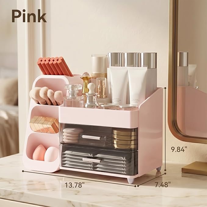 Makeup Organizer for Vanity with Brush Holder and 2 Drawers, Pink | Large-Capacity Makeup Holder Organizes Skincare, Cosmetics and Daily Beauty Products for Tidy Vanity and Bathroom Counters