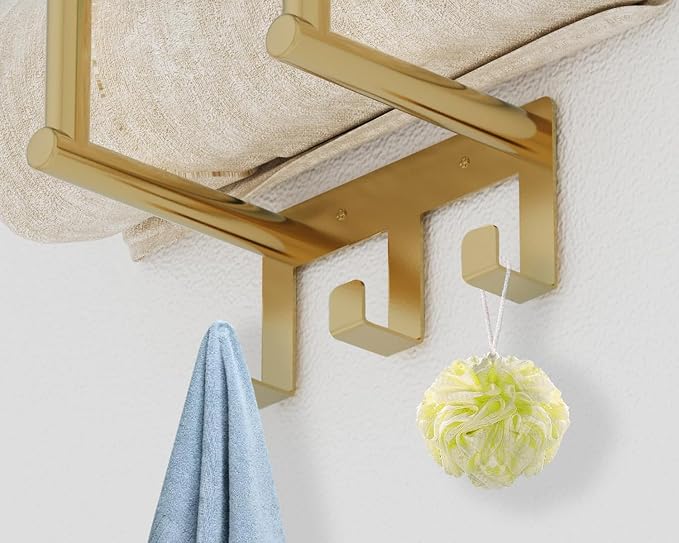 Gold Towel Rack with Shelf, Bethom Bath Towel Storage for Bathroom | Stainless Steel 3 Hooks Towel Racks for Small Bathroom Wall Mounted