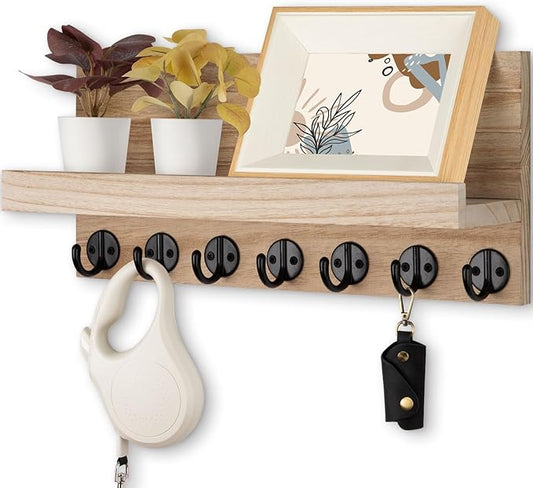 Lwenki Key Holder Wall Mount, Entryway Key and Mail Holder with 7 Sturdy Hooks for Sunglasses, Dog Leash, Decorative Wall Shelf with Mounting Hardware, 15”W x 6.7”H x 4.2”D (Wood)
