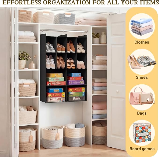 4 Tier Hanging Closet Organizer, 12 Compartments Dual Row Storage, Black | Closet Organizers and Storage with Large & Small Cubbies, 3 Sturdy Hooks Support Heavy Loads, for Dorm, RV, Garment Rack