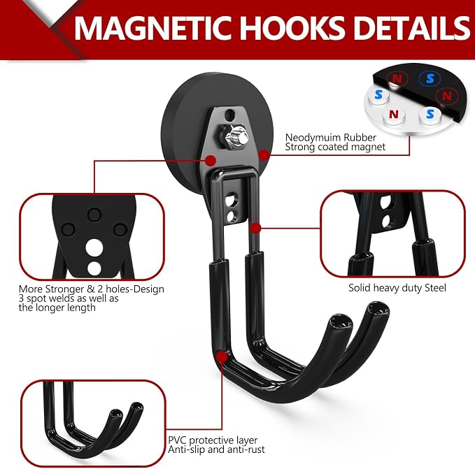 3-H Heavy Duty Magnetic Hooks, Large Magnet Hooks,4 Pack Black | No-Drill Tool Holder for Garage,Power Drill,Garden Tools,Hose Storage