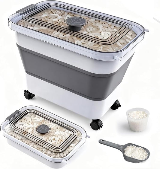 Rice Storage Container, Collapsible Airtight Food Storage Containers 20-30lbs with Clear Lid and Wheels, Rice Dispenser with Scoop for Flour Cereal Pasta Grain, Cat Pet Bird Dog Food Storage Container