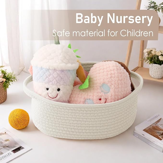 JMvicyroam Small Woven Basket, Empty Gift Basket, White/1 Pack | Small Gift Basket, Cotton Rope, 12 x 8 x 6 in, Handles, Includes Ribbon and Bag, Birthday Gift Basket