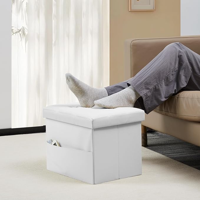 Bsketa Storage Ottoman Bench,17 Inch Folding Leather Foot Rest Stool, White | Small Ottoman with Side Pockets, Thicker Foam Padded Seat, Livingroom, Dorm, Bedroom, Easy to install, 43L,17x13x13in
