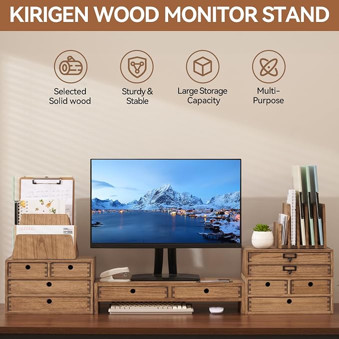 KIRIGEN Solid Wood Monitor Stand with 2 Drawers, Desk Riser, Brown PMJ-DBR | Desktop Organizer with Cable Opening and Pen Slots Stores Office Supplies, Supports Up To 50 Lb and Arrives Fully Assembled