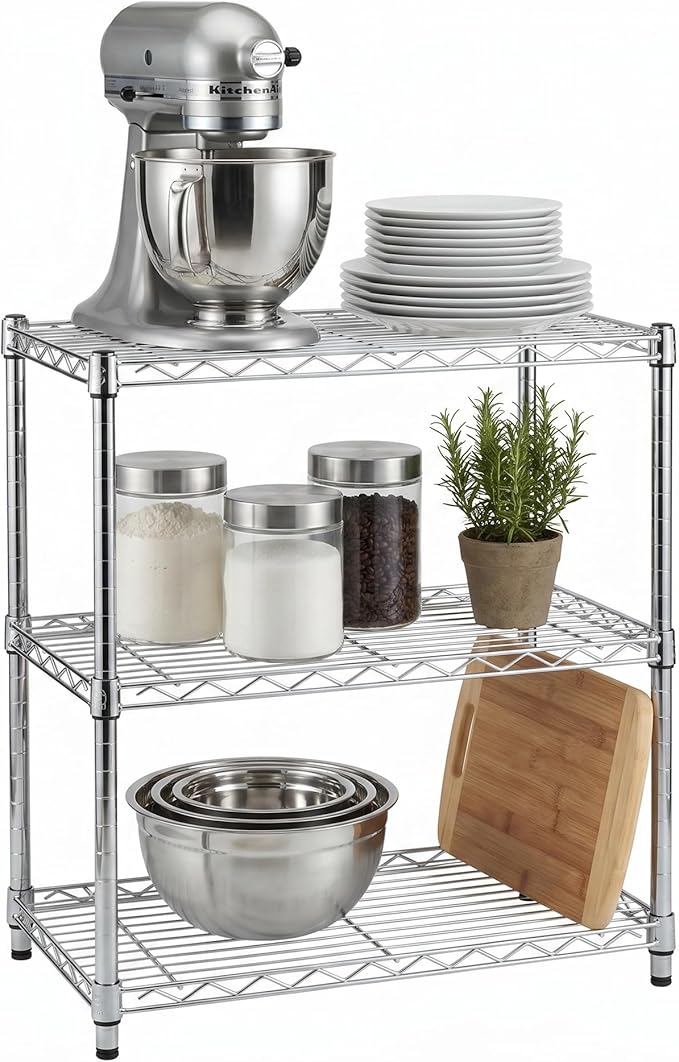 Honey-Can-Do 3-Tier Heavy Duty Adjustable Shelving Unit, 250-lb Per Shelf Metal Storage Rack, Wire Shelf for Kitchen Garage Pantry Closet, Chrome, 24 x 14 x 30 in