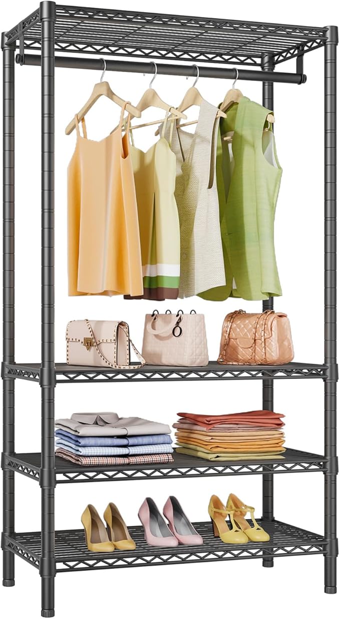 VIPEK V1 Medium Portable Garment Racks for Bedroom/Apartments/Dorms, Black | Heavy Duty Clothes Rack with 4 Tiers Adjustable Shelves & Hanging Rod, for Laundry Room/ Entry Closet, 440lbs Capacity