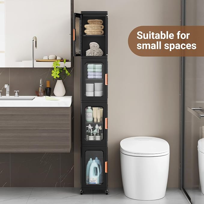 BROVIEW 3-Tier Tall Narrow Storage Cabinet Organizer, Slim Bathroom Cabinets with Adjustable Shelves and Doors, Plastic Kitchen Pantry Organizers and Storages for Small Space, Laundry, Black