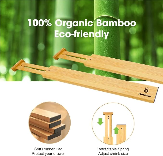 Bamboo Drawer Dividers Organizers, Drawer Separators Splitter,13-17 inches Long Adjustable Spring-loaded Organizer for Large Utensil, Clothes, Tools Drawers (4+3)