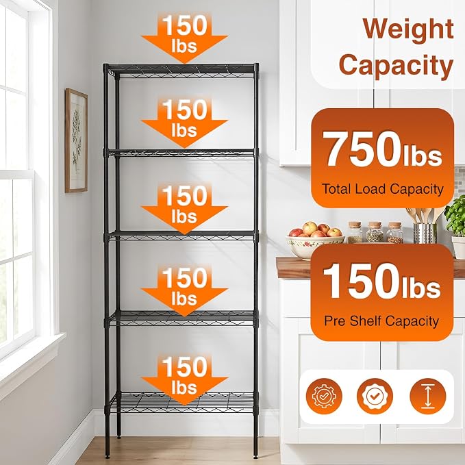 BestOffice | 5-Tier Wire Shelf | 14" x 24" x 60" | Black | Storage Shelves with Adjustable Racks, Holds upto 750 lbs | Rust-Resistant, No-Tool Assembly | For Home, Garage