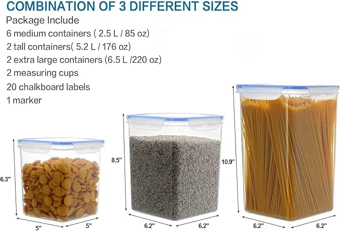 VERONES Large Tall Airtight Food Storage Containers, 10 PACK Containers Set | Plastic Airtight Kitchen & Pantry Organization, Ideal for Flour & Sugar Plastic Canisters with Labels