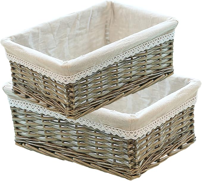 rismart Handmade Wicker Storage Baskets Woven Decorative Organizing Bins for Bedroom Bathroom Shelf Grey