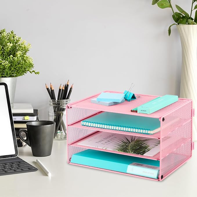 Paper Organizer Tray, 3 Tier Mesh Desk File Organizer Letter Sorter Holder for Home Office, Pink