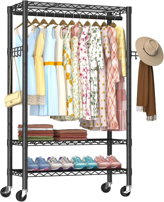 Golpart Heavy Duty Rolling Clothes Rack Wheels Portable Metal Garment Rack | Wardrobe Adjustable Wire Shelving Metal Double Clothing Racks for Hanging Clothes Organizer Closet Laundry Room Organization