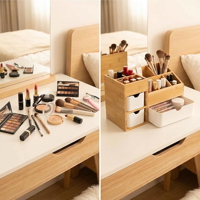 Bamboo Makeup Organizer, 11.5x5.4in | 3 Drawers, Dresser Cosmetic Organizer Box, Bamboo Desk Organizer for Home, Adjustable Dividers