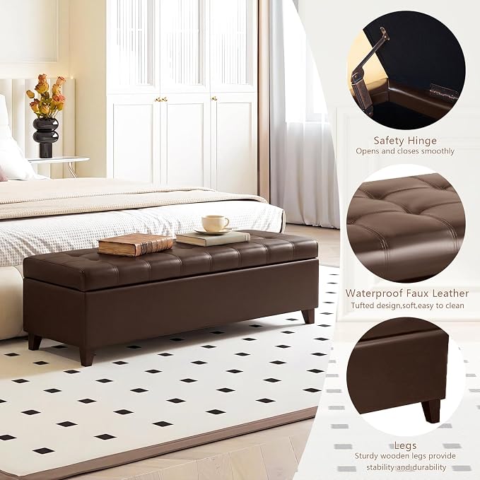 Joveco Storage Ottoman Bench, 51 Inch Leather Tufted Bench for End of Bed, Bedroom, Living Room, Brown