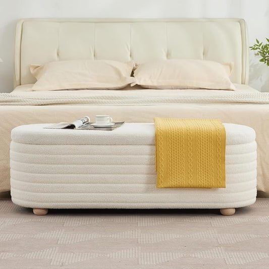 53" Storage Bench Teddy Ottoman Bench Upholstered Fabric Bench End of Bed Stool with Safety Hinge for Bedroom, Living Room, Entryway, White